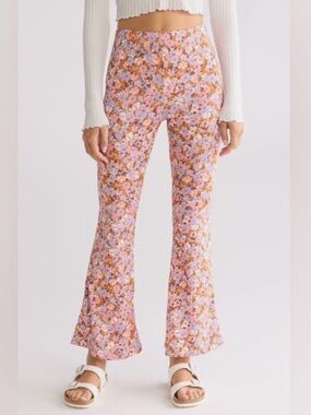 Billabong Women’s XS Pink Brown Floral Pull On Wide Leg ‘Hang Loose’ Pants NWT